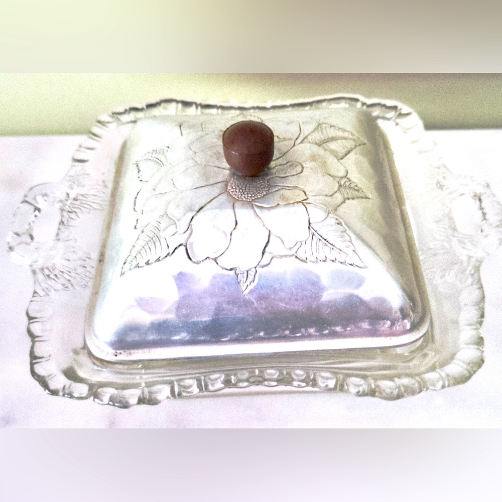 Silver Floral Butter Dish with Brown Knob